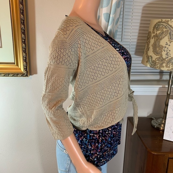 NY Collection Tan Tie Front Lightweight Sweater - Picture 4 of 7